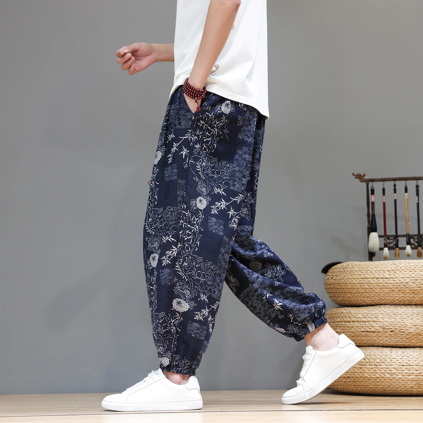 Calças Masculinas Estilo Tradicional, Roupas Masculinas Impressas em Algodão e Linho, Calças Harem de Verão, Pantalones Hippies para Homens