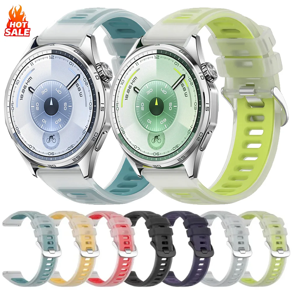 สายนาฬิกาซิลิโคนกีฬาแบบกึ่งโปร่งแสงสำหรับนาฬิกาหัวเว่ย วอทช์ จีที 6/จีที 5/4/3 46 มม. จีที 6/จีที 5 โปร 46 มม. สายรัดข้อมือแบบปรับได้สองสี