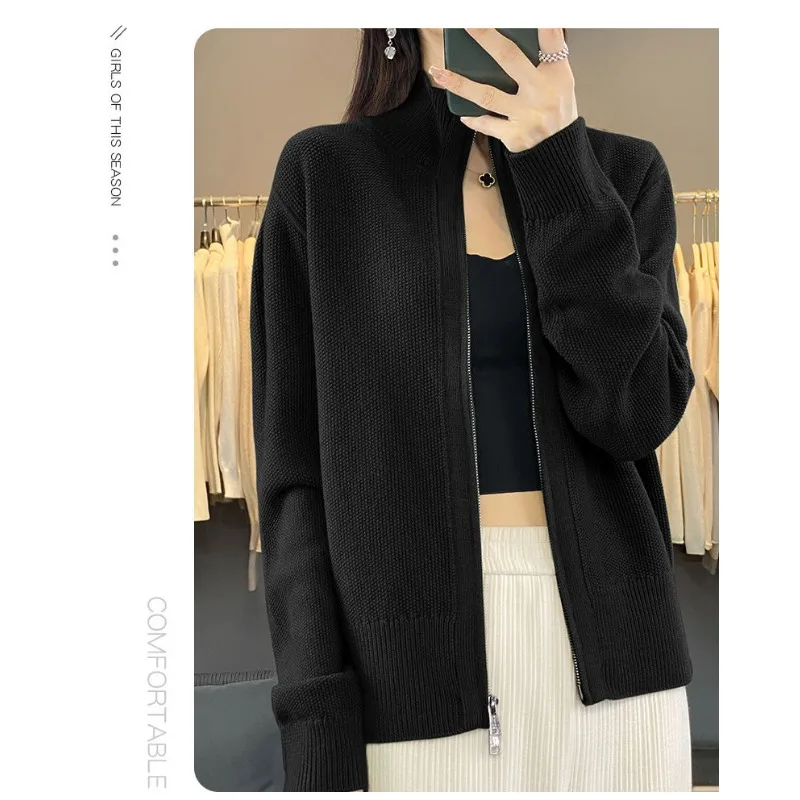 Mode casual opstaande kraag jas voor dames 2025, nieuwe gebreide vest met dubbele rits, trui, trui top