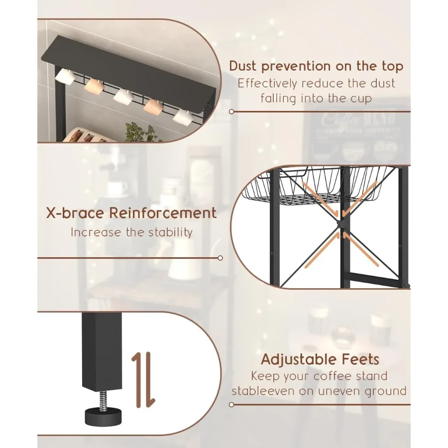 رف خبازات زاوية لمحطة بار القهوة مكون من 4 طبقات مع 5 خطافات سلكية وحامل ماكينة صنع القهوة لرف تخزين المطبخ بمساحة صغيرة