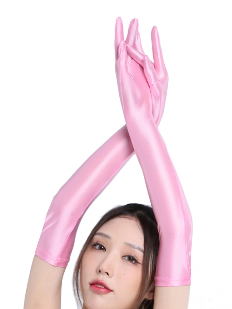 Sexy Women Smooth Shiny Elastic Glove Oil Gloosy Silky Sheer See Through Long Gloves Sunscreen Driving Glove Luxury Candy Color