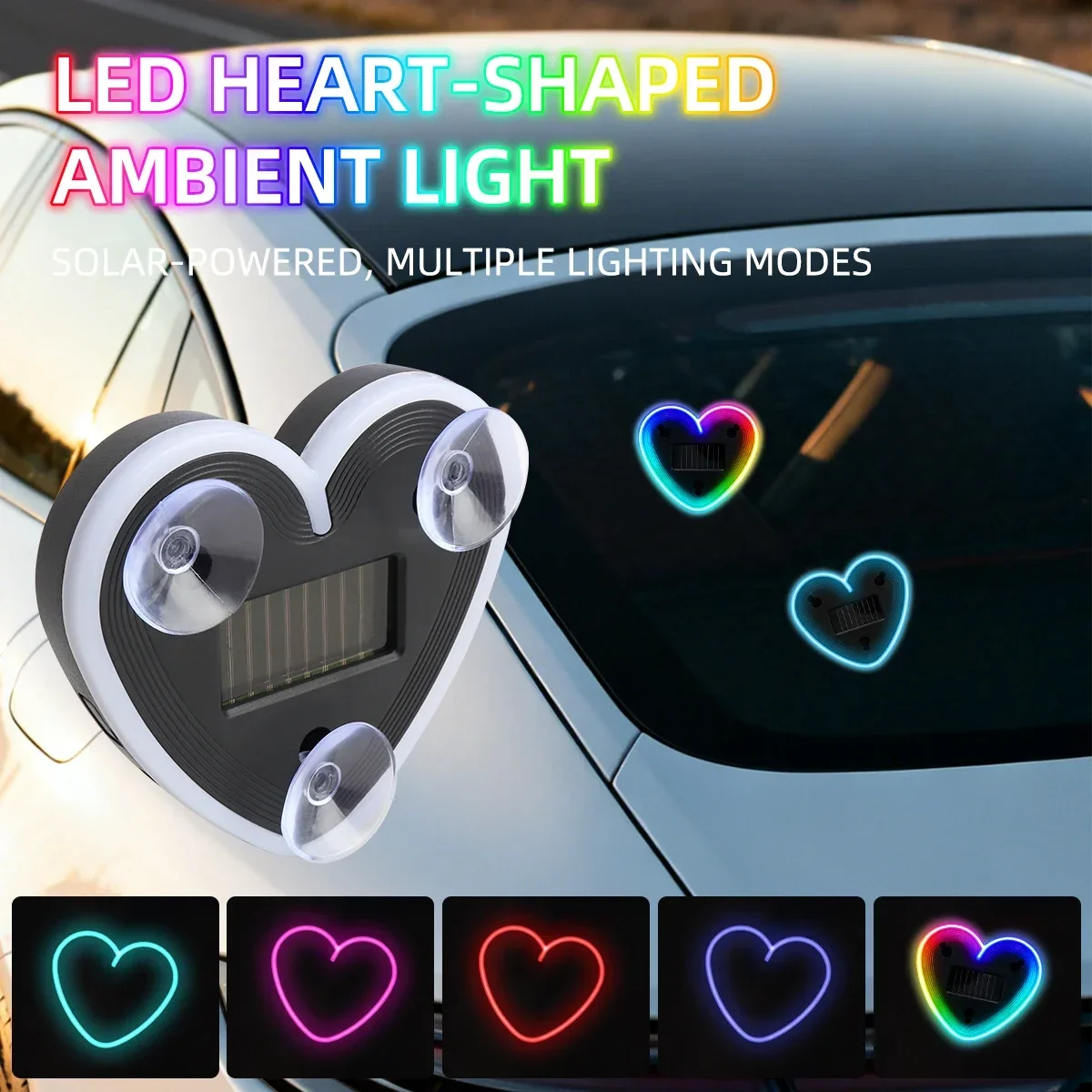 1PCS Solar Powered Heartshaped Led Ambient Light Auto Front Rear Windowsheid Sensor Light Neon Night Light