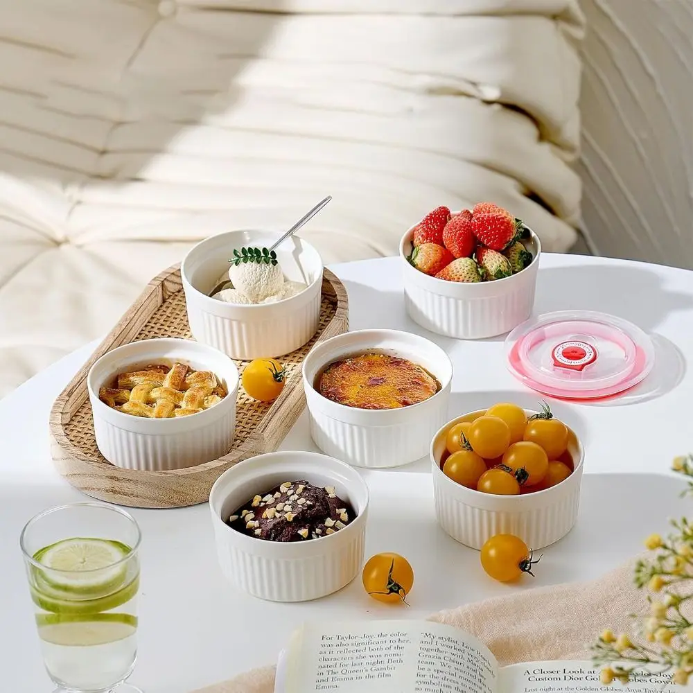 

Набор из 6 кухонных контейнеров: 8-унцевые формочки-рамекины с крышками, термостойкие, для пудинга, белые фарфоровые чашки для яиц на пару, для духовки