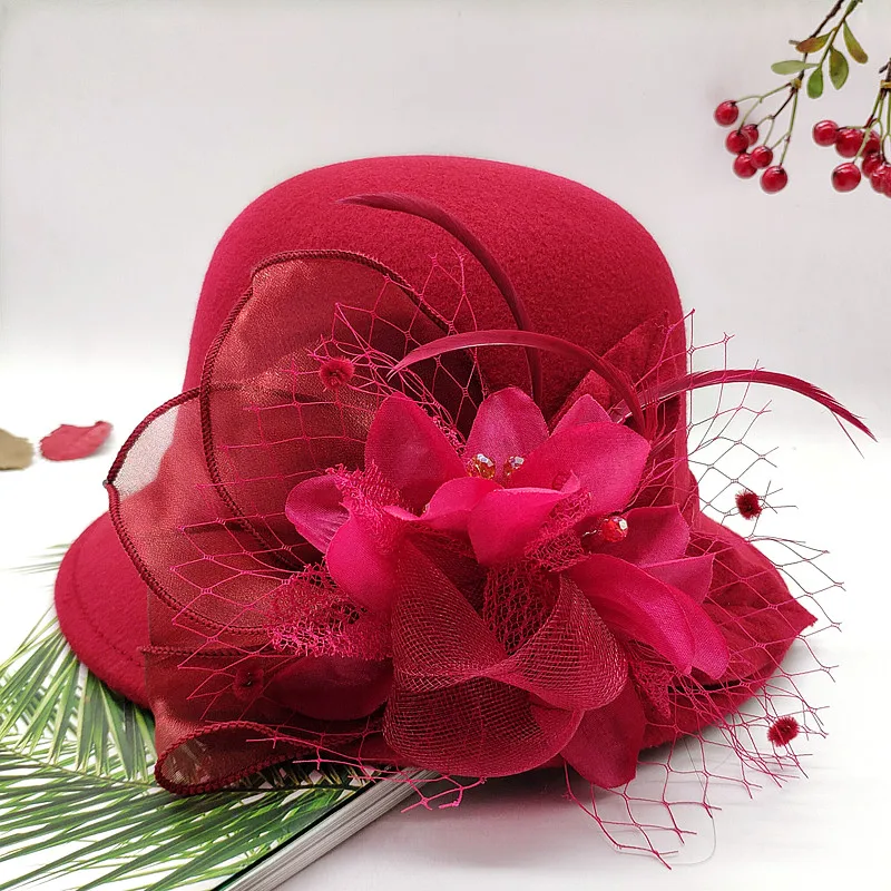 Classical Wool Felt Wide Brim Fedora Hat Pearl Belt Pink Solid Caps Men Women Winter Derby Wedding Church Jazz Hats