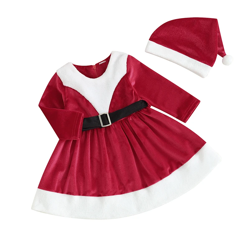 

6M-3T Infant Baby Girl Christmas Costume Long Sleeve Patchwork A-line Dress with Hat Winter Children Clothes