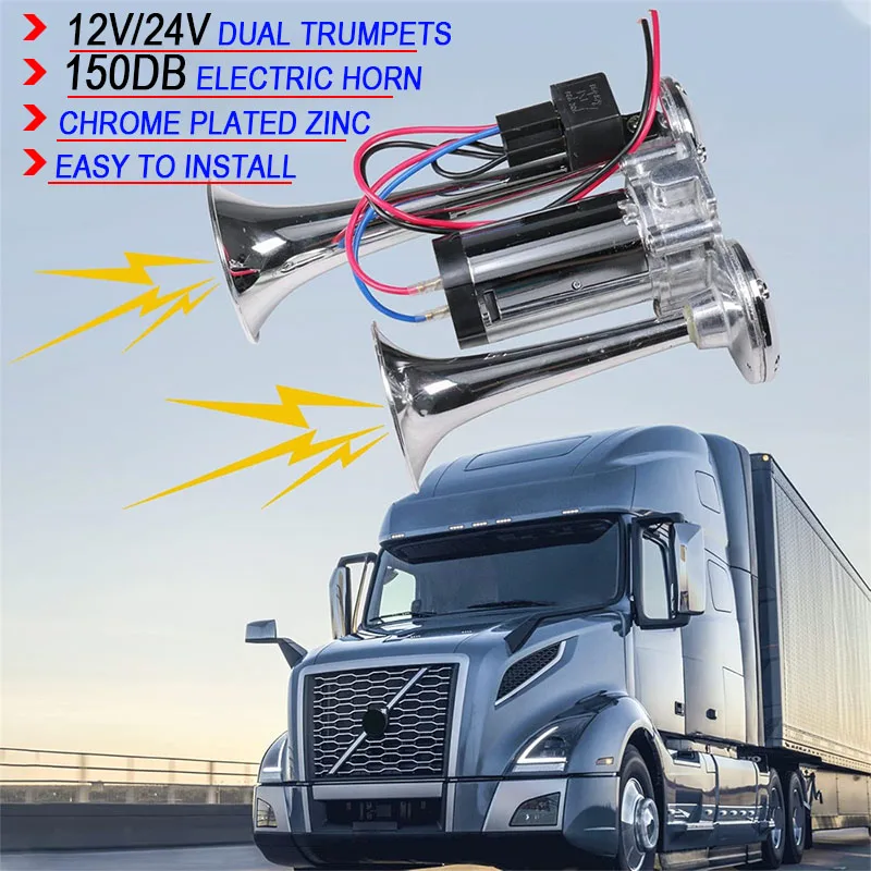 Super Loud 150DB Car Electric Dual Trumpet Horns 12V 24V Air Horn Speaker for Car SUV Vehicle Boat Train Motorcycle RV Truck 5