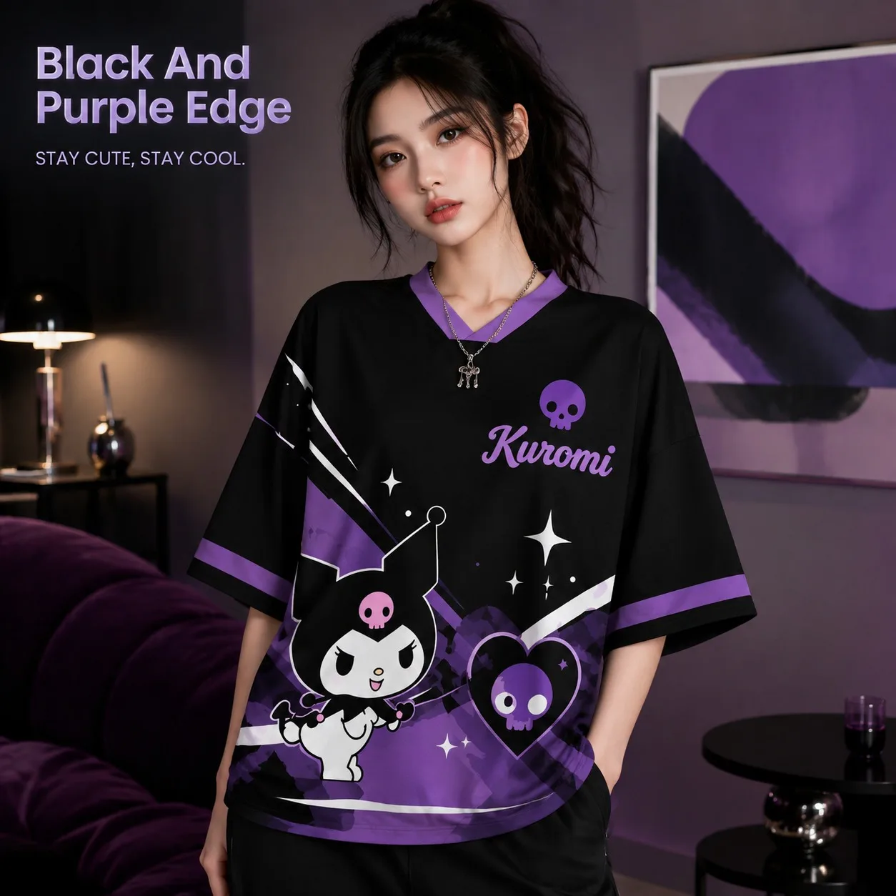 Image of Sanrio Kuromi Lila Schwarz Lightning Skull V-Ausschnitt Gestreiftes Übergroßes Anime Kawaii Y2K Harajuku Street Gothic T-Shirt