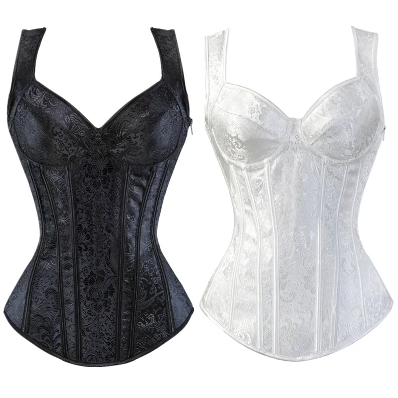 Gothic Jacquard Straps Overbust Corset Sexy Waist Cincher Bustier Shapewear Zipper Side Lingerie Plus Size S-6XL