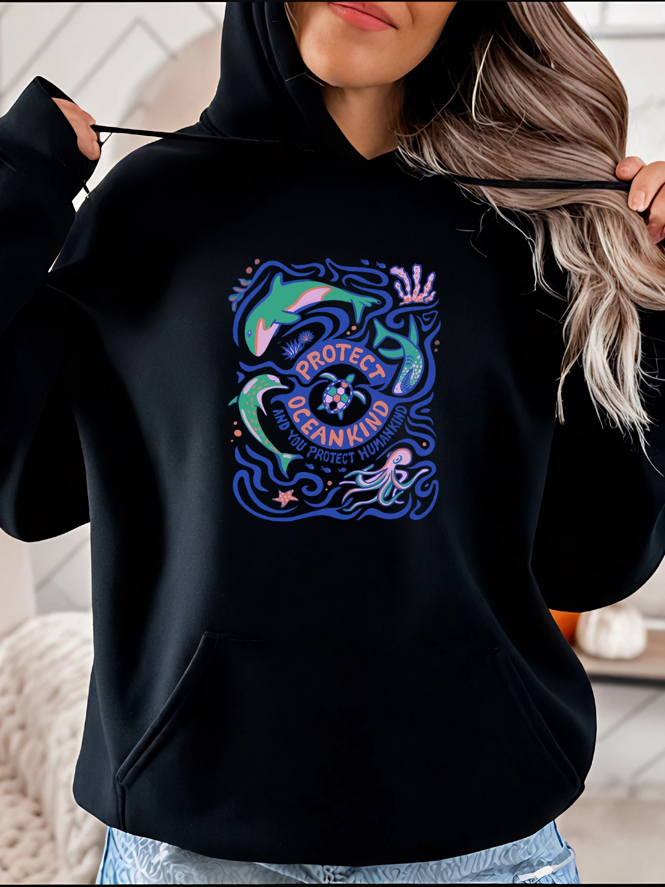 

Толстовка с принтом Ocean Life в повседневном стиле с осьминогами и коралловым дизайном для женской уличной одежды