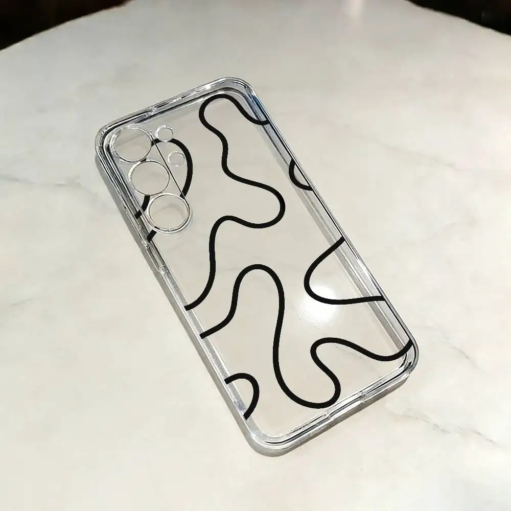 Fashion Black Lines Clear Hard Phone Case For Samsung S25,24,23,22,30,21,10,9,Ultra,Plus,Lite Transparent Cover