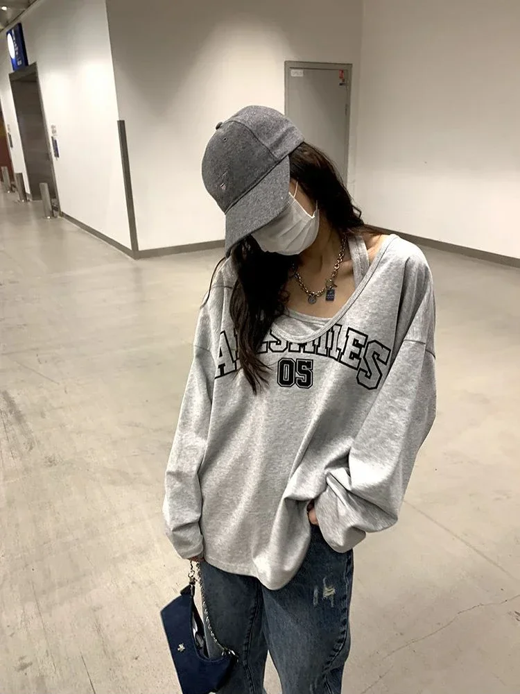 Y2K Two Pieces Set Oversized Women T-Shirts Spring Long Sleeve Halter Letter Print Sweatshirt Ladies Casual Loose Grey Tops New