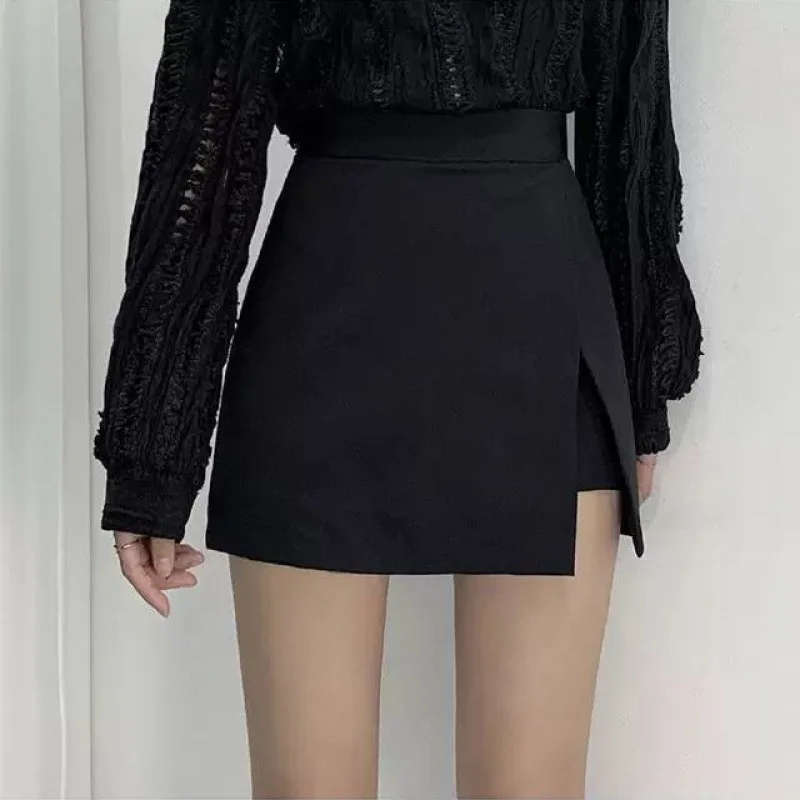 Slit Mini Skirts Women Korean High Waist Solid Irregular Skirts Office Lady Fashion Stretchy Chic Simple A Line Skirts New