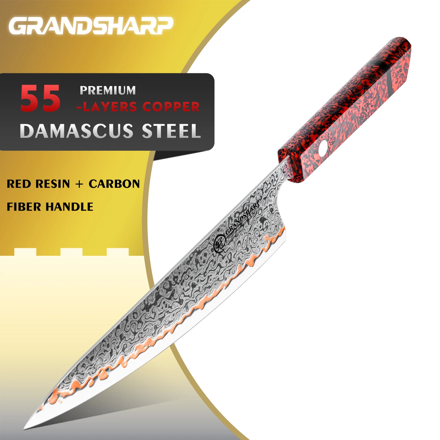 

Grandsharp Дамасский шеф-повар Нож 8-дюймовый кухонный нож 55-слойное лезвие из медной стали Красная смола Ручка из углеродного волокна Высокое качество Подарок