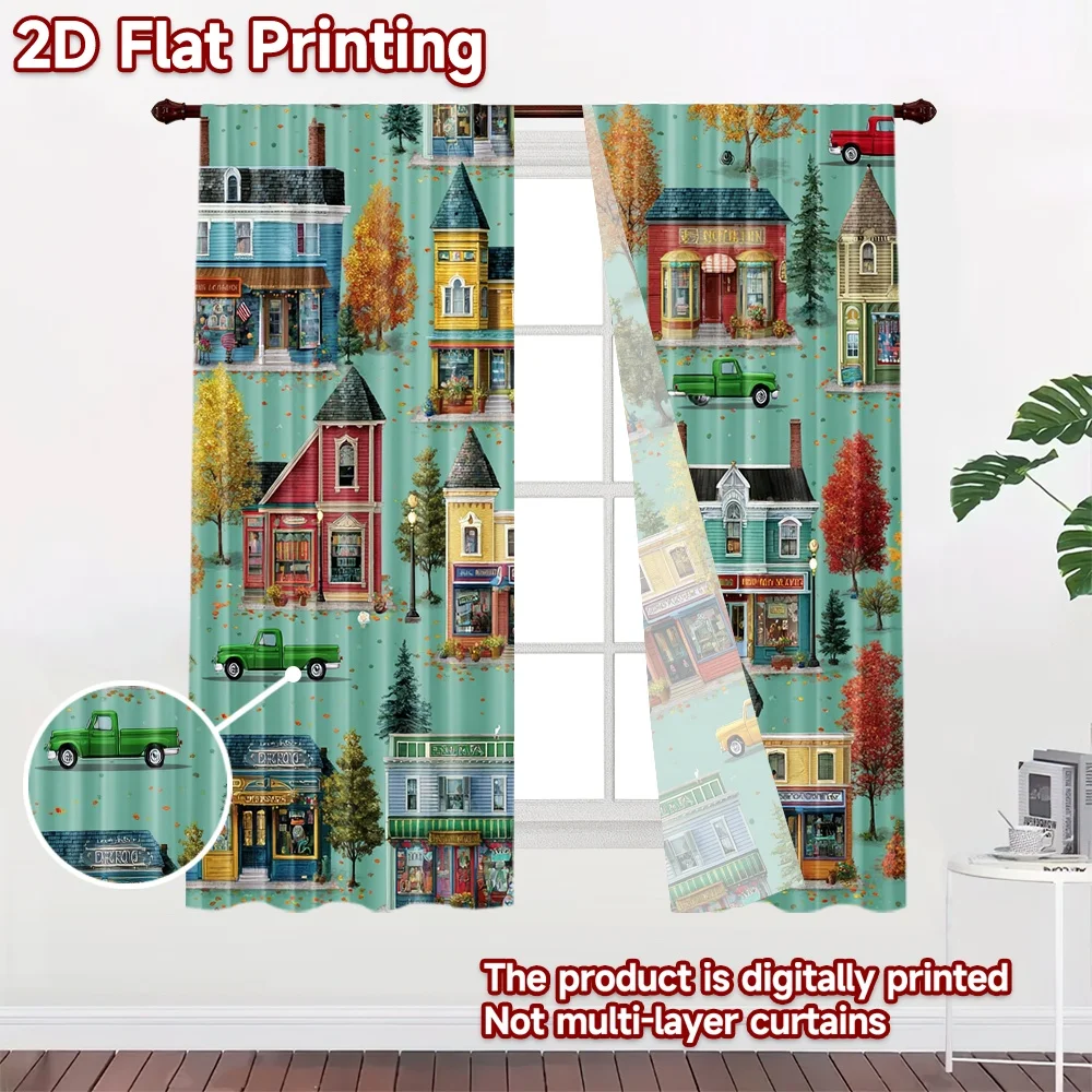 2D flat 2pcs Curtain Vintage drapes Curtains Autumn Small Town Houses Digitally printed polyester, colorfast Festive Holiday Use