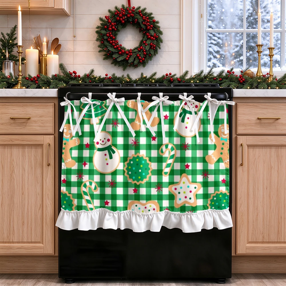 1PC lace up kitchen curtain, ruffled hem, 2D flat Gingerbread Snowman pattern, cabinet cover curtain, Christmas home decoration