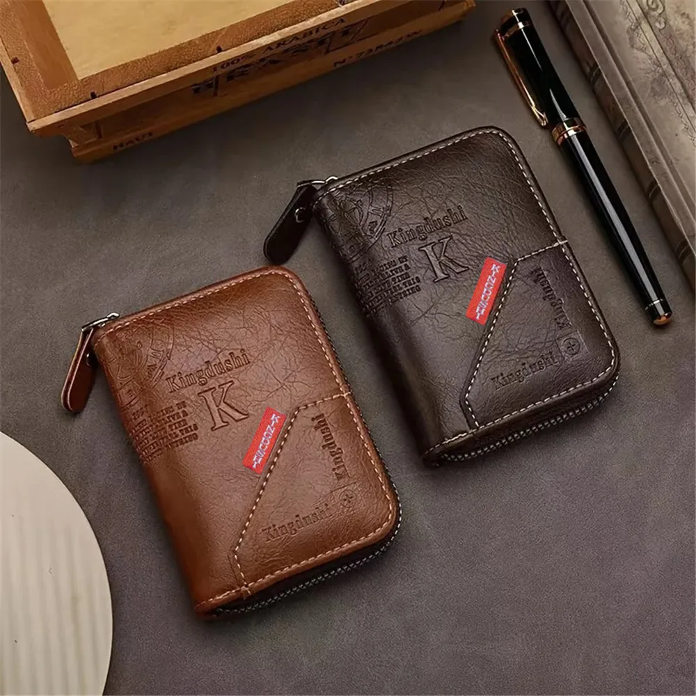 Vintage PU-Leder Slim Wallet - Reißverschluss RFID-Blockierung 11-Fach Kartenhalter Klassische Unisex-Geldbörse für Tägliches Pendeln Kartenorganizer – Detail 1