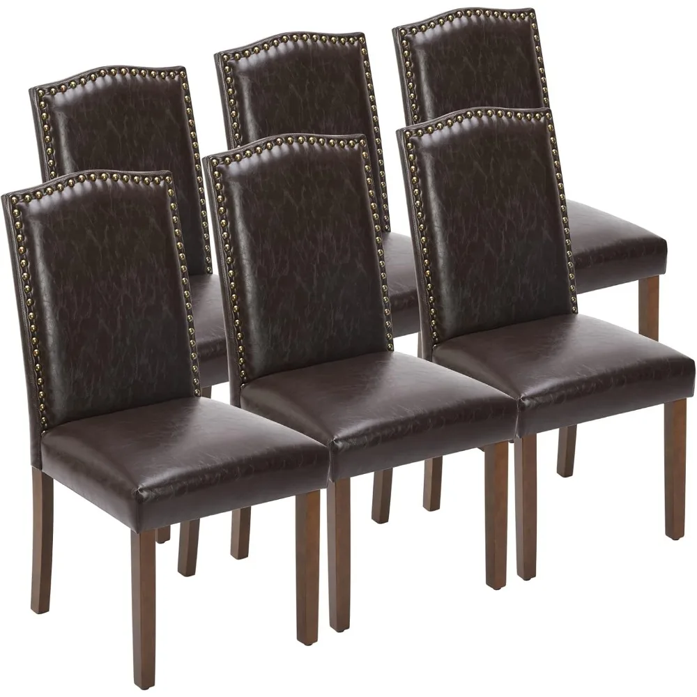 Dining Room Chair with Nailhead Trim and Wood Legs, Mid-Century Accent Dinner Chair for Living Room, Kitchen, Dark Brown