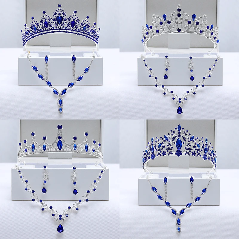 Itacazzo Bridal Headwear	Sapphire-color	Dreamlike	Style Dazzling Ladies' Party Tiara Necklace Earrings 4 Pcs Set	(Without Box)