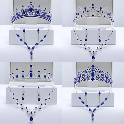 Itacazzo Bridal Headwear Sapphire-color Dreamlike Style Dazzling Ladies' Party Tiara Necklace Earrings 4 Pcs Set (Without Box)