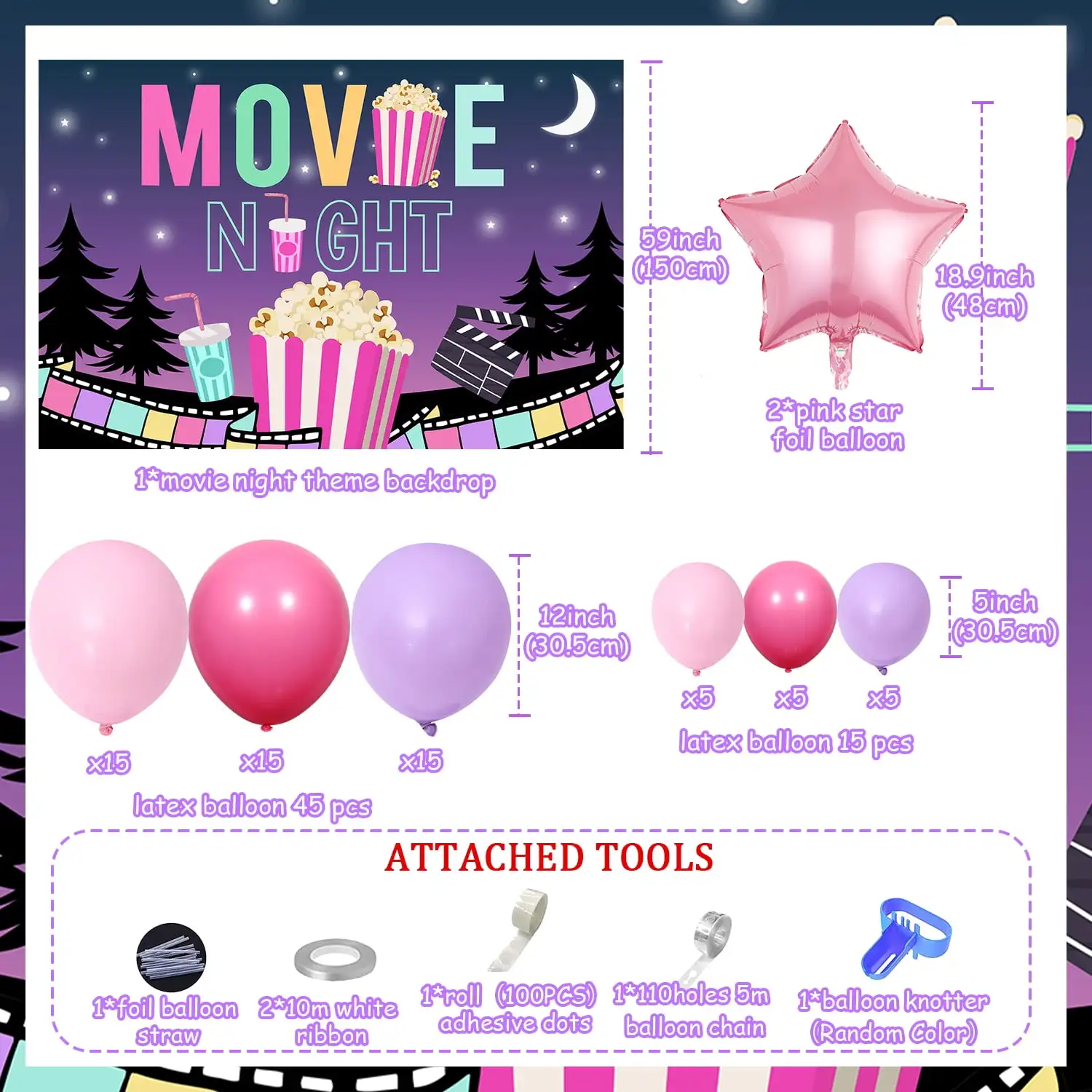 Pink Movie Night Birthday Balloon Arch, Backdrop Star, Foil Balloon for Girl, Party Decorations