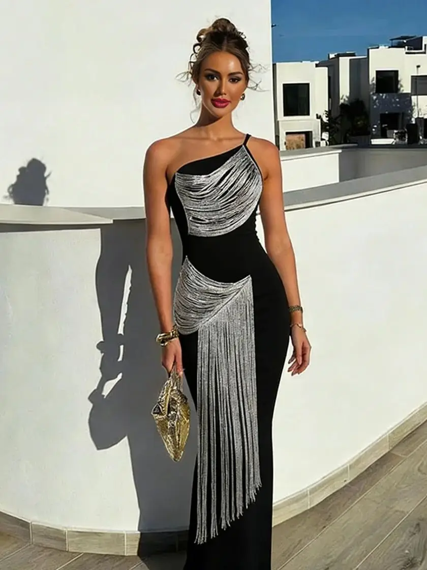 Robe longue noire asymétrique sexy pour femme, robe de soirée moulante, collection été 2026, élégante et luxueuse, avec franges, pour bal de promo