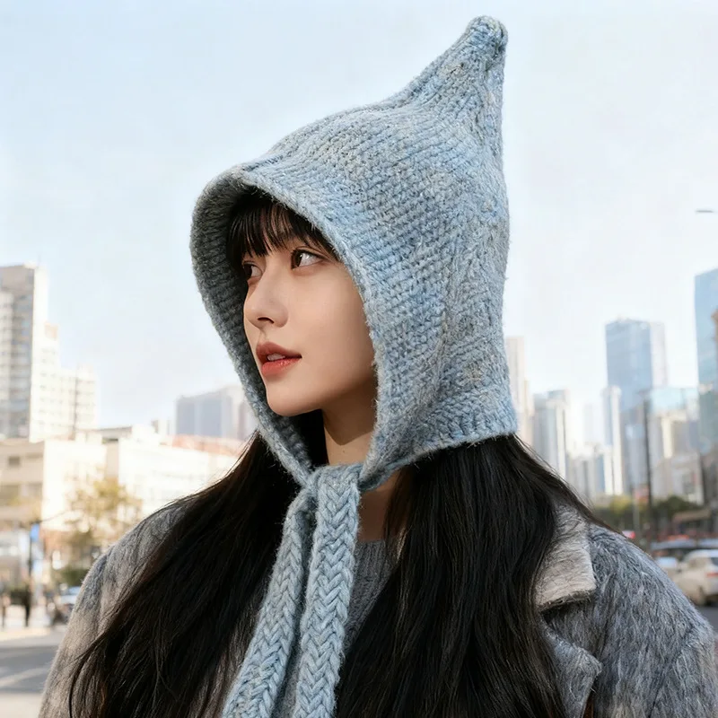 Balaclava Hat Big Head Circumference Yarn Hat Sky Blue Milk Blue Knitted Scarf Cover Hat One-piece Hooded Scarf