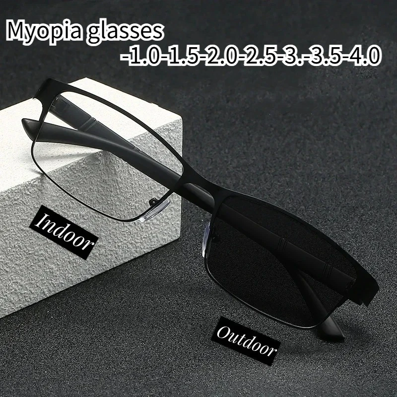 Neue Metall-Halbrahmen-Brille für Herren mit photochromen Gläsern für Kurzsichtigkeit sind leicht und tragbar.