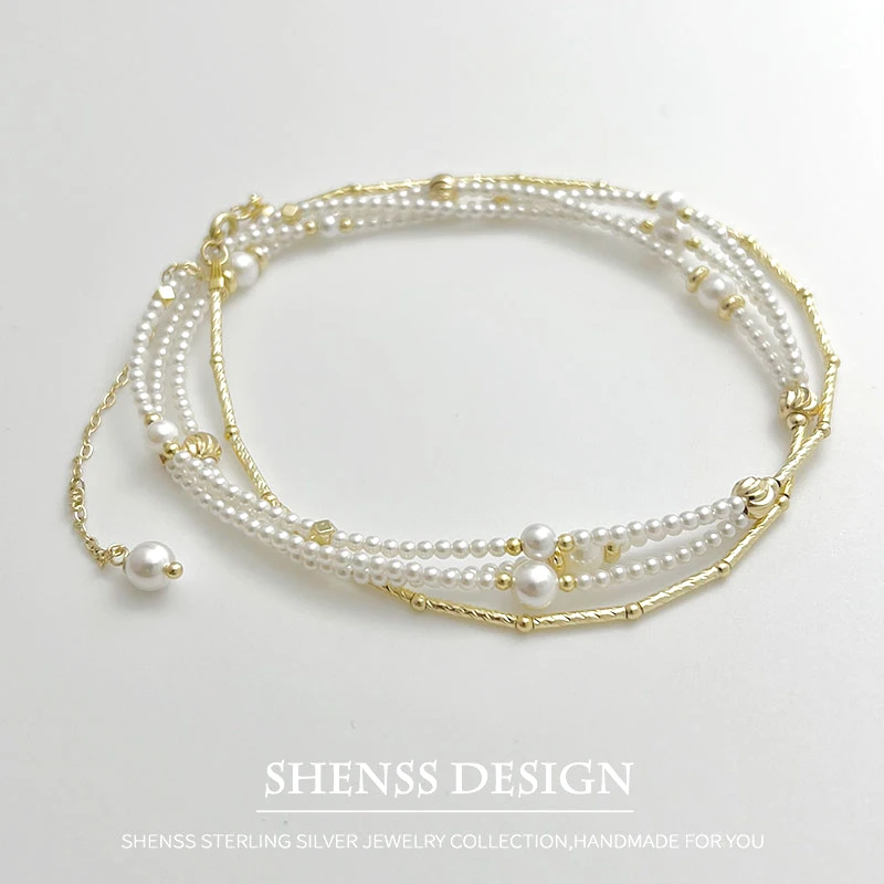 Exquisite Imitation Pearl Necklace Copper Plated 14K Gold Accessories Ultra-Fine Multi-layer 45cm + 10cm