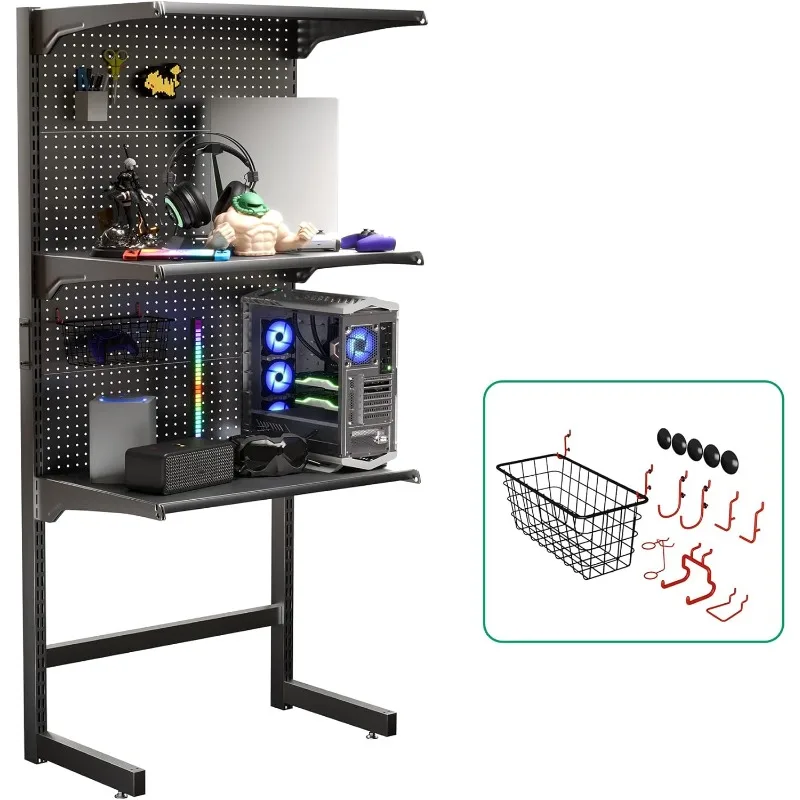 Gaming Standing Shelf Units,Free Standing Gaming Shelf Pegboard Cabinet with Home Office Metal Pegboard and 15 Pieces Organizer