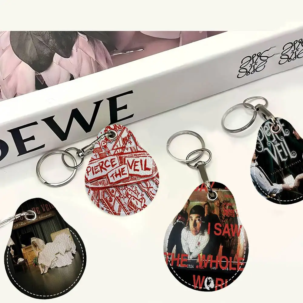 Pierce The Veil Music Band 1PCS PU Leather Keychain Protective Case Door Lock Access Control Tags Card Bag Key Tag Ring