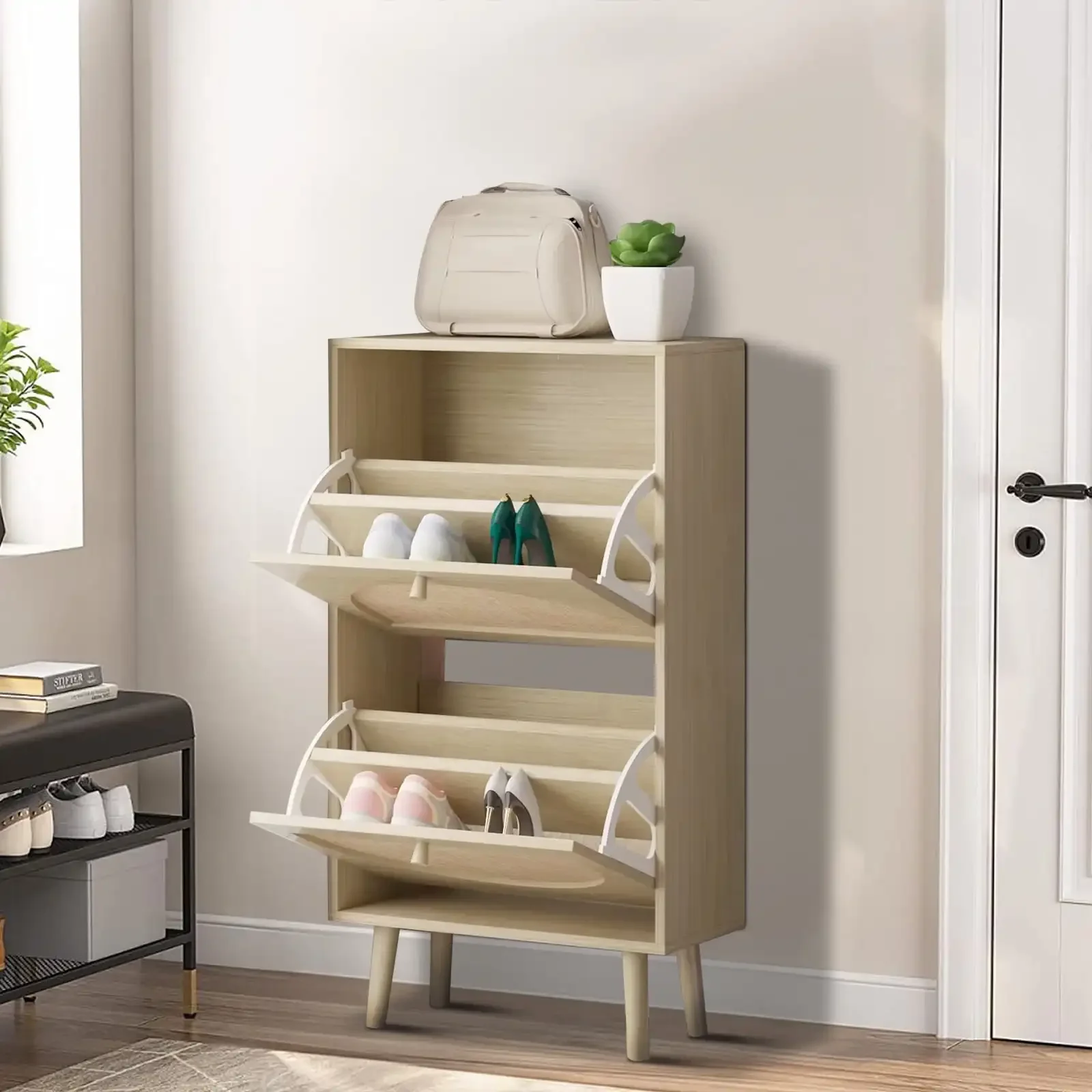 

Shoe Storage Cabinet with 2 Flip Drawers, Natural Rattan Entryway Shoe Organizer Rack Wooden, Bedroom, Living Room, Apartment