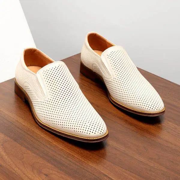 Men Genuine Full Grain Leather Slip on Dress Shoes Business Hollow Out Breathable Sandals White Color