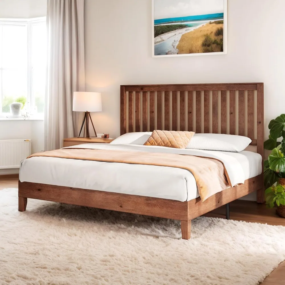 

Queen Solid Wood Bed Frame with Grilled Headboard, Mid-Century Modern Platform Bed with Wood Foundation/No Box Spring Needed/Eas