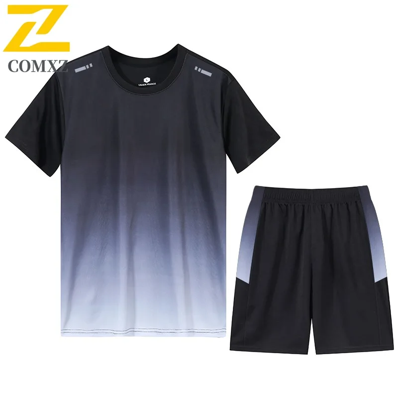 2025Men التدرج اللون الرياضة مجموعة تي شيرت السراويل تشغيل الزي الصيف تنفس سريعة الجافة يندبروف ملابس رياضية فضفاضة غير رسمية تناسب #3