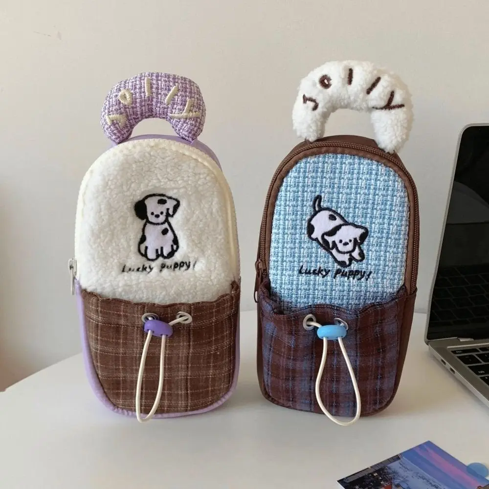 

Cartoon Dog Pocket Camera Storage Bag Plush Plaid Puppy Large Capacity Puppy Pen Pouch Portable Toiletry Organizer