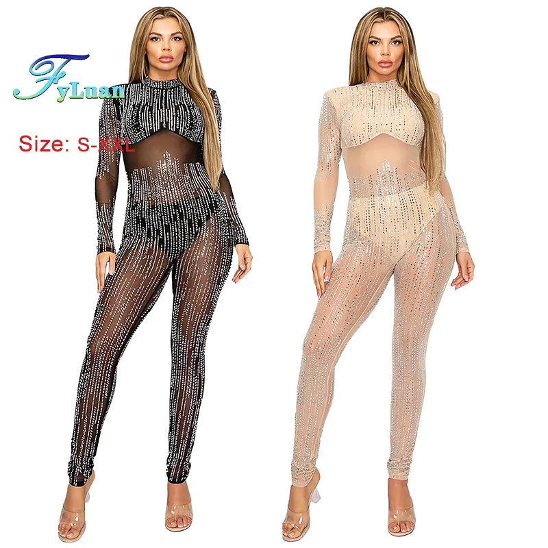 2025 ใหม่ตัดเอวผู้หญิงSlim Sheerตาข่ายผอมJumpsuitsแขนยาวHollow Out Street Club Playsuit One PieceชุดRomper