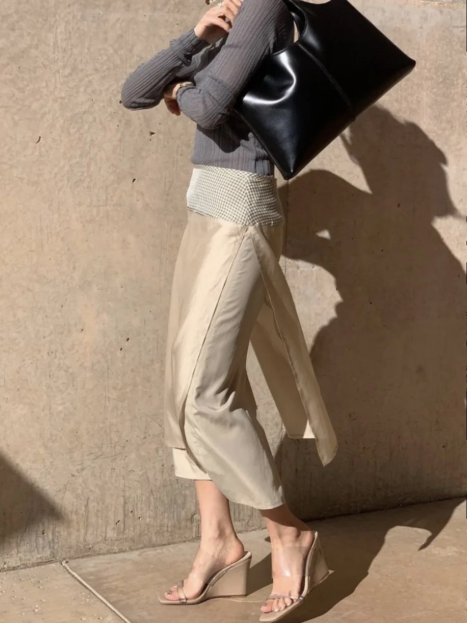 

FARVEN Spring Summer Plaid Splicing Drifting Silk f Skirt Mid-Length Wraparound Skirt High Waist Commute Sle Women's Skirt