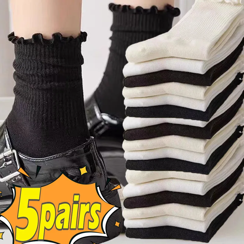 

1/3/5pairs Summer Cotton Ruffles Ankle Socks Women Kawaii Luxury Korean Sock Girl Spring Black White Middle Tube Japanese Sox