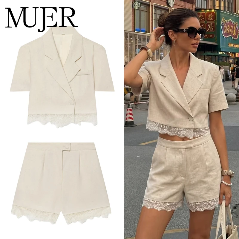 MUJER Lace Shorts Sets for Women 2 Pieces Mid Waist Bermuda Shorts Woman Outfit Summer Cropped Women's Blazer Suit Casual Shorts