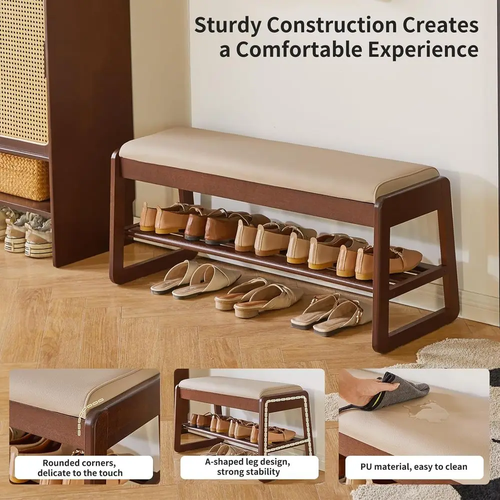 2-Tier Wooden Shoe Rack Bench with Cushion and Flip-Top Storage, 39.37 Entryway Shoe Organizer in Walnut