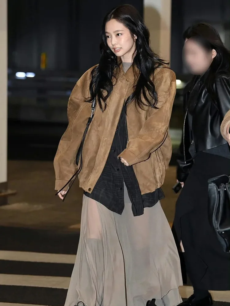 

Женская свободная куртка-пилот из замши, осень 2025, в стиле ретро, с длинными рукавами, на молнии, с воротником, для повседневной носки