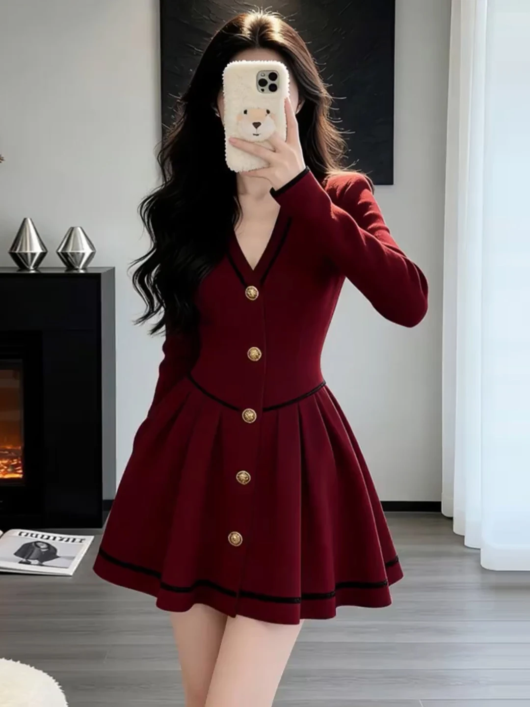 

Ele Red V-Ne Long Sve Knitted Dr oulder-Length A-Line Silhouette Sweet Sle for Spring Festive plus Size Women