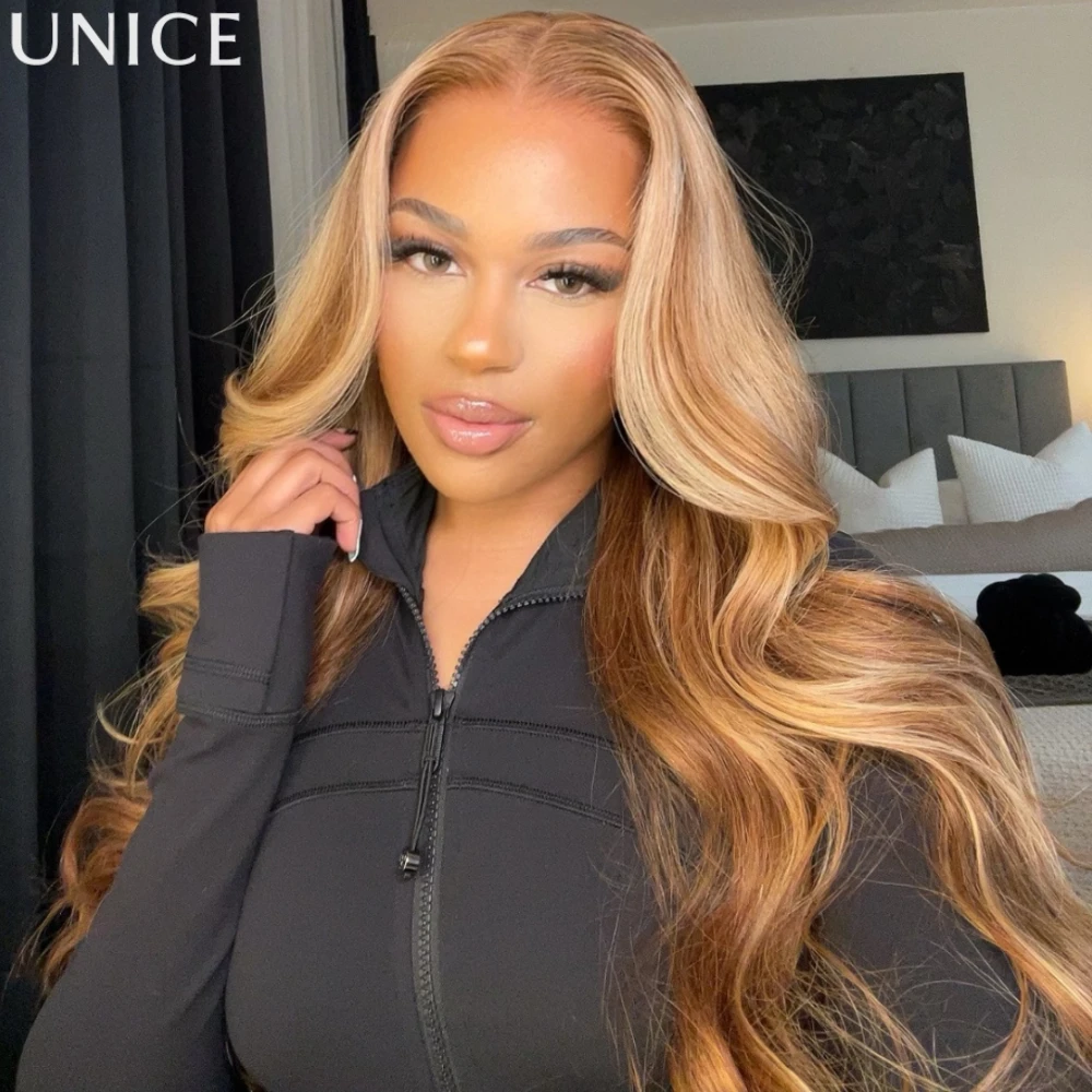 UNice No-Slip Cap 7x5 Lace Blonde Highlight Body Wave Human Hair Wigs With Drawstring Put On & Go Glueless Wig