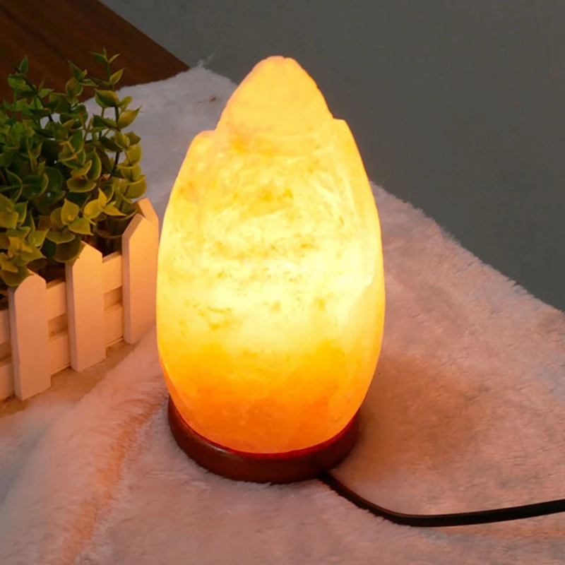 1 PCS Himalayans Rocks Salt Lamp Glow Night Light Bedside Ornaments, As Shown Wooden Home Decor Atmosphere Lights EU Plug