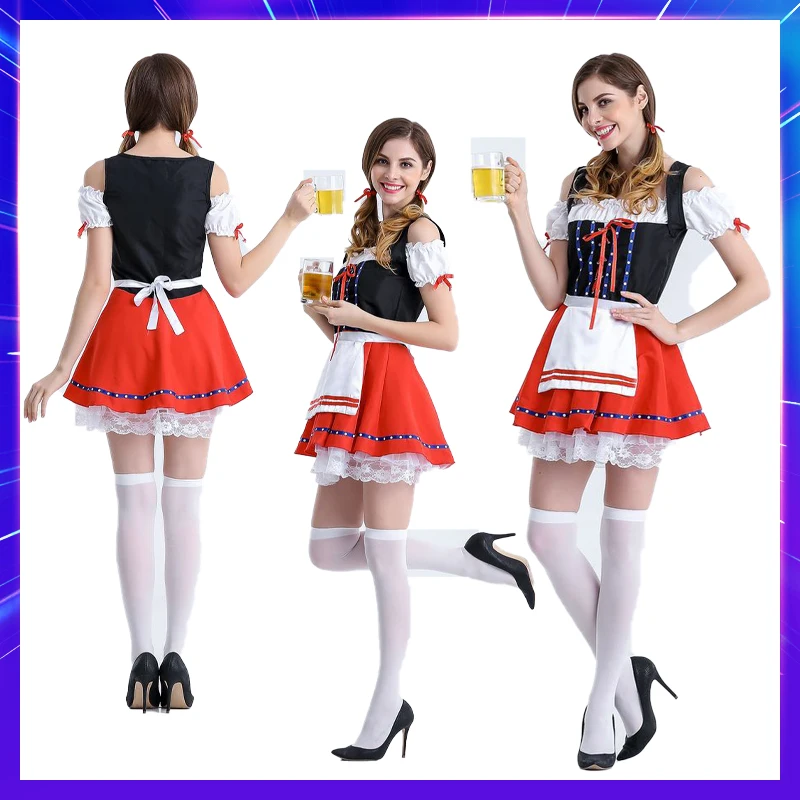 Adult Women Oktoberfest Dirndl Costume Bavaria Beer Party Carnival Waiter Dress Wench Maid Lolita Skirt Cosplay Fantasia Outfit