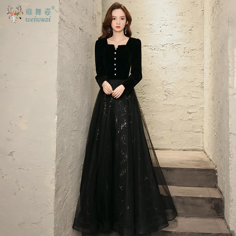 

Elegent Vintage Women's Square Neckline Pearl Button Long Sleeve A-Line Floor-Length Evening Party Dress Stage Perfermance Retro
