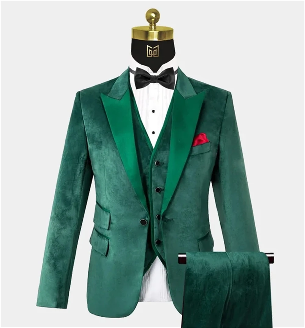 

Green Velvet Suits Mens Slim Fit Satin Lapel Blazer+Vest+Pants 3 Pieces Formal Wedding Tuxedo Classic Smoking Business Jacket