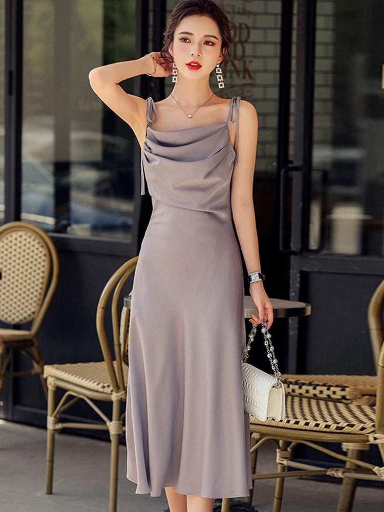 Summer Satin Elegant Women Evening Dress Chic Solid Sexy Strap Backless Slim Midi Party Club Beach Prom Robe Femme Mujer Vestido