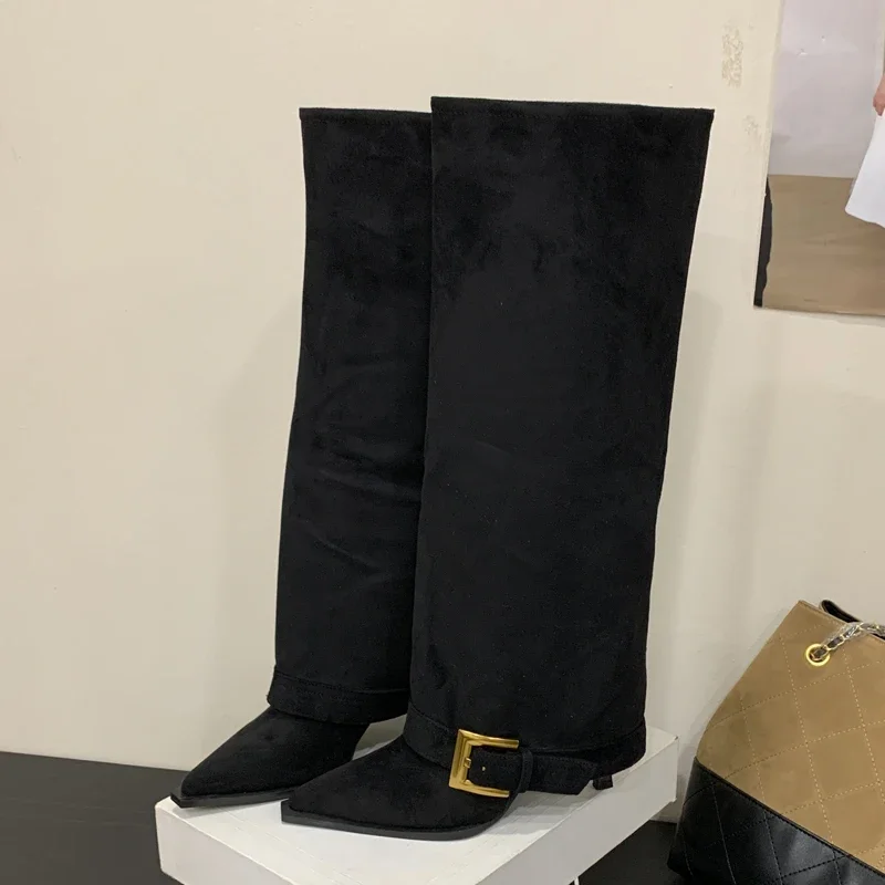 

Aneikeh/зимние пикантные сапоги до колена на тонком каблуке с квадратной пряжкой, женские туфли для стриптиза с острым носком, Largas De Mujer