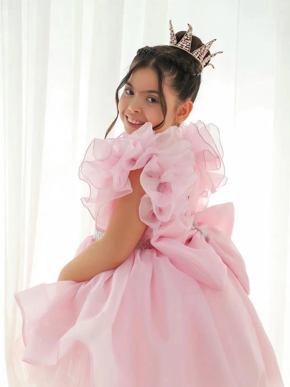 Vestido rosa de flores para niña, para boda, lentejuelas con cuentas brillantes, tul, elegante, fiesta de cumpleaños, vestidos de baile para actuación de Piano